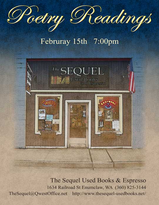 Flyer for poetry readings at Sequel Used Books, created in Photoshop